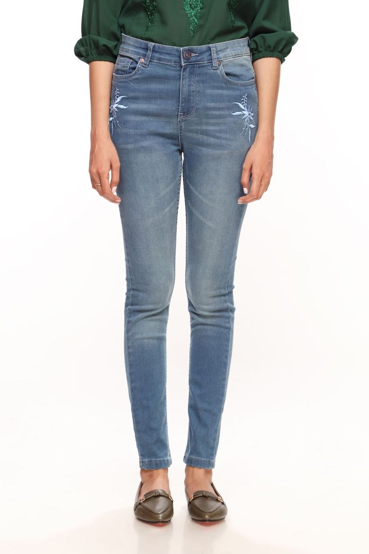 Blue Faded Embroidered Jeans